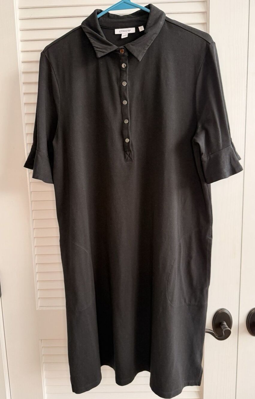 Chico’s Women’s Size 2 Black Polo Style Knit Dress Short Sleeve Pockets